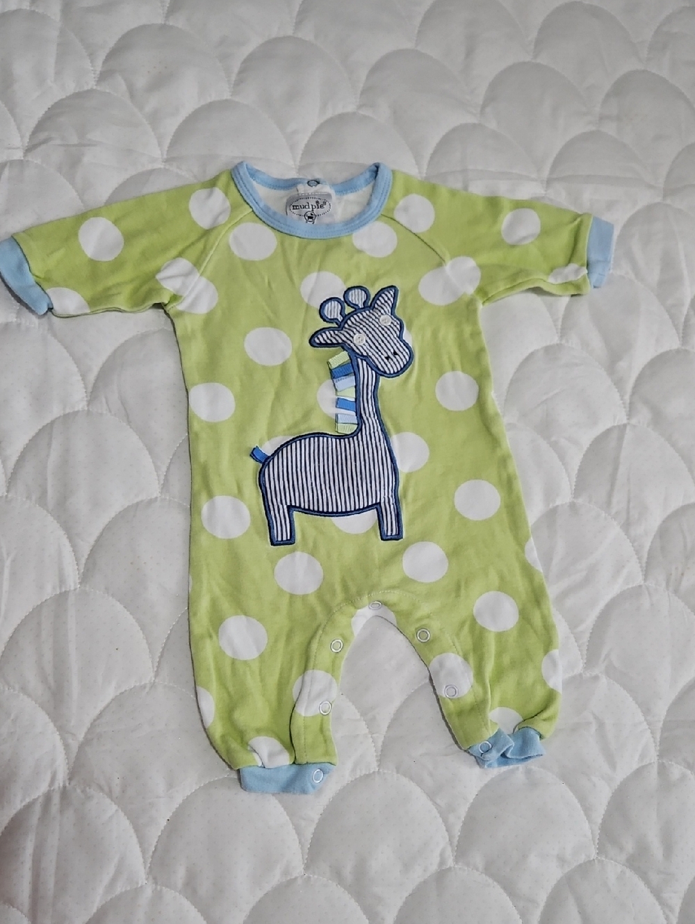 Mud Pie Lime Green Polka Dot Giraffe One-Piece with Blue Trim